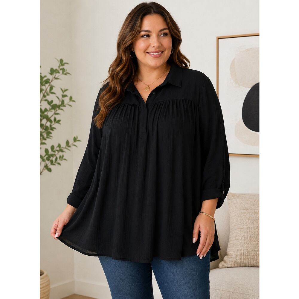 Ninexis Womens 2X Black Collared Babydoll Tunic Blouse Long Sleeve NWT